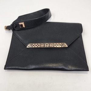 Stella and Dot Black Faux Leather Avalon Envelope Clutch Wristlet Gold Accents